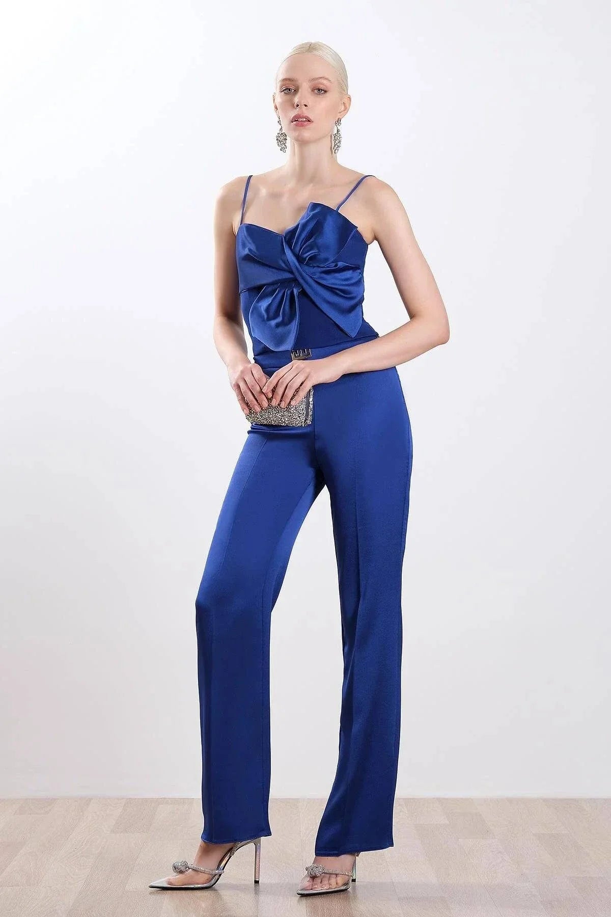 Big Bow Ribbon Detailed Satin Crop Blouse - Azure Blue