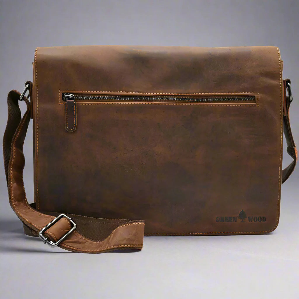 Greenwood Leather Laptop Bag. Premium Waxed Pull-Up Leather Messenger Bag