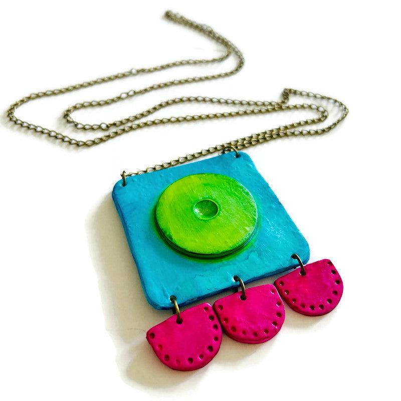 Large Neon Geometric Pendant Necklace, Handmade Polymer Clay, Post or Clip On Set