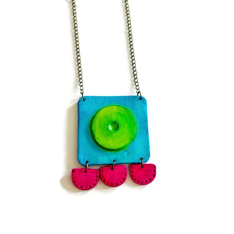 Large Neon Geometric Pendant Necklace, Handmade Polymer Clay, Post or Clip On Set