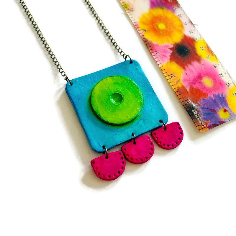 Large Neon Geometric Pendant Necklace, Handmade Polymer Clay, Post or Clip On Set