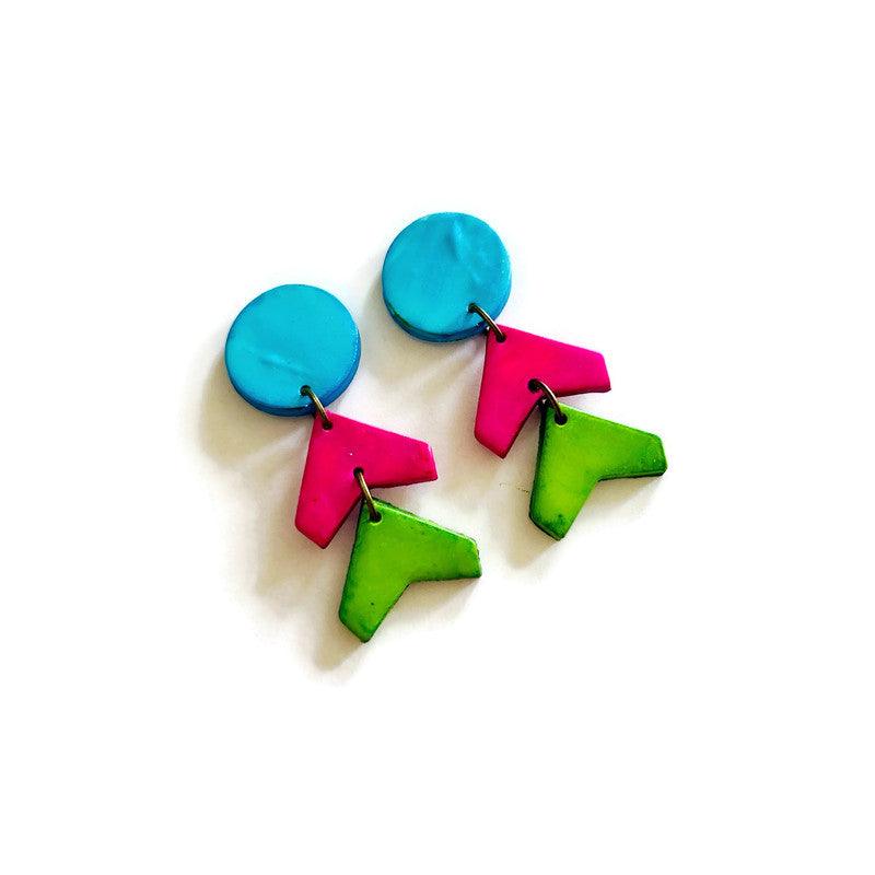 Large Neon Geometric Pendant Necklace, Handmade Polymer Clay, Post or Clip On Set