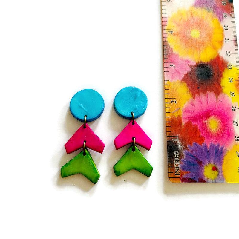 Large Neon Geometric Pendant Necklace, Handmade Polymer Clay, Post or Clip On Set