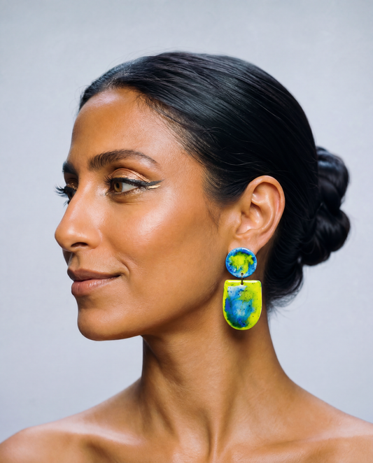 Watercolor Clip On Earrings in Blue & Green