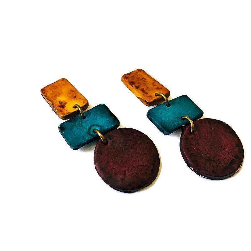 Long Geometric Drop Dangle Earrings, Post or Clip On – Handmade