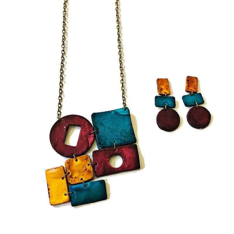 Long Geometric Drop Dangle Earrings, Post or Clip On – Handmade
