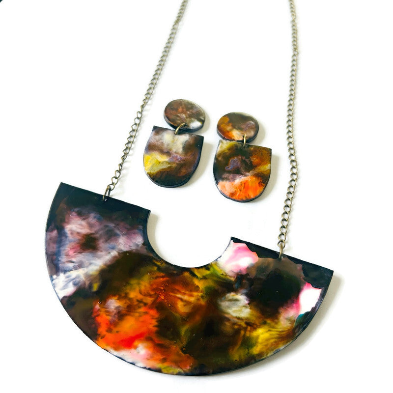 Abstract Clip On Earrings for Non Pierced Ears in Black White Orange Marble Blend