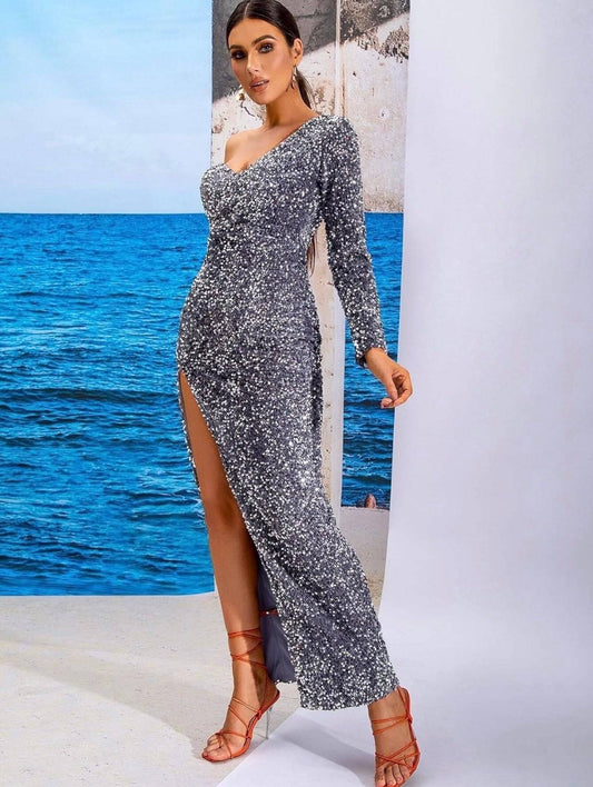 Midi Dress One Shoulder Sweetheart Neck with Long Slit Velvet Sequins Dress - Silver
