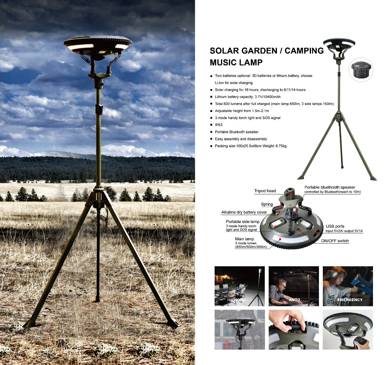 TRU De-LIGHT Singing Music Solar LED Light - Strong BT Speaker/Main Light+3 Detachable Multi Mode Lights/Tripod+Carry Bag