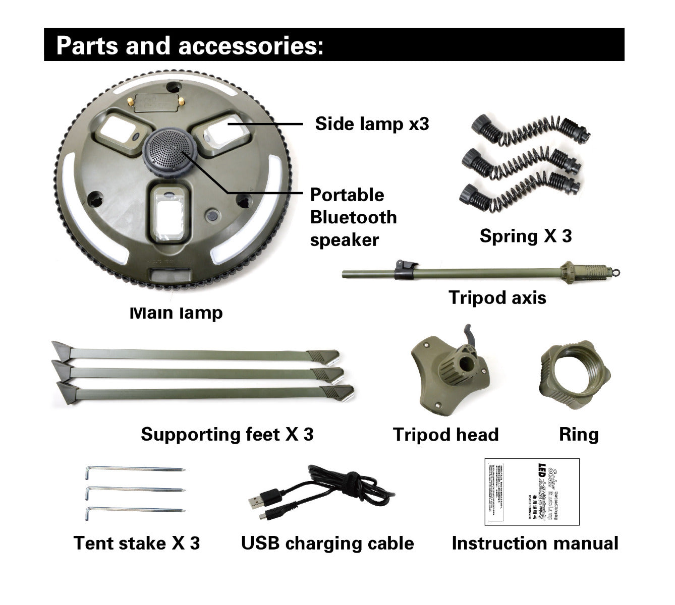 TRU De-LIGHT Singing Music Solar LED Light - Strong BT Speaker/Main Light+3 Detachable Multi Mode Lights/Tripod+Carry Bag