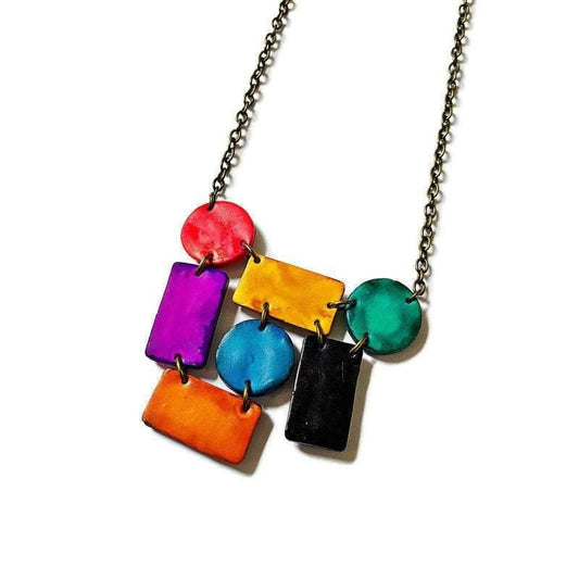 Multi-Shape Statement Necklace, Polymer Clay Bib Painted with Alcohol Ink