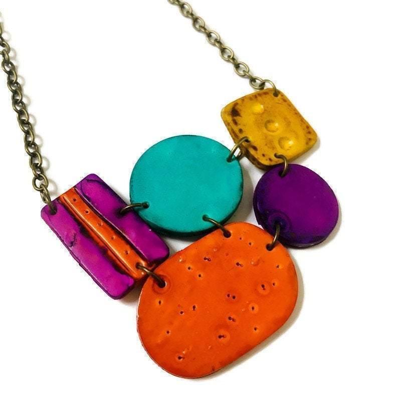 Multicolored Statement Jewelry Set, Necklace & Earrings, Handmade Polymer Clay