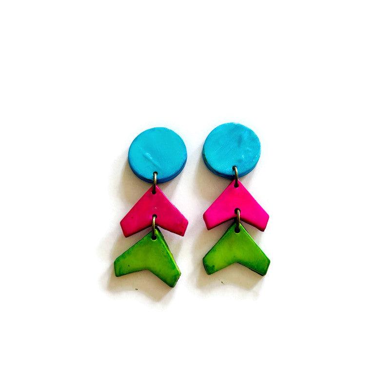 Neon Geometric Statement Earrings, Post or Clip On, Handmade Polymer Clay