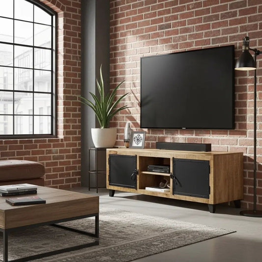 Meuble Télé bois de manguier avec porte d'acier noir