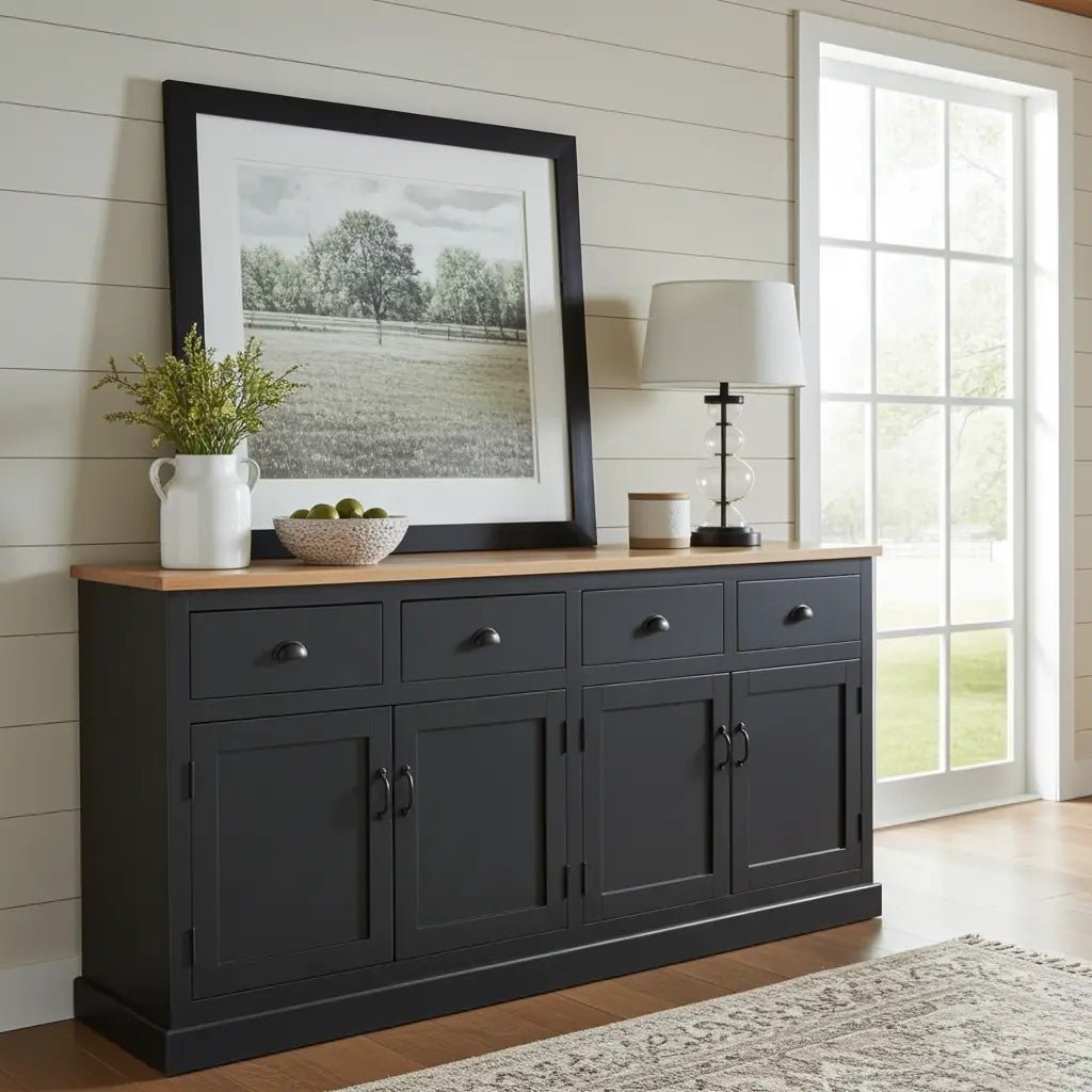 Buffet campagnard en bois de manguier fini noir antique