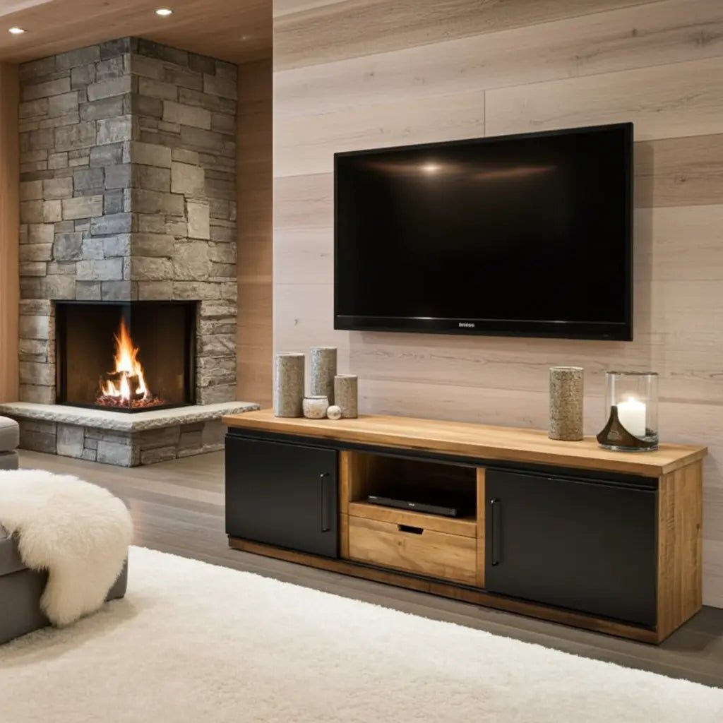 Meuble télé en bois de manguier avec 2 portes coulissantes en acier