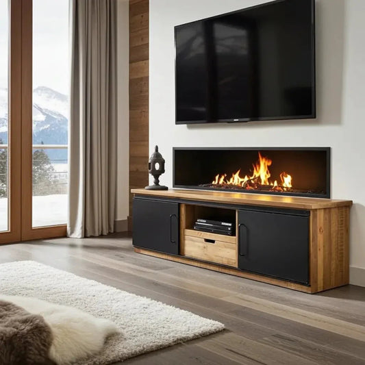 Meuble télé en bois de manguier avec 2 portes coulissantes en acier