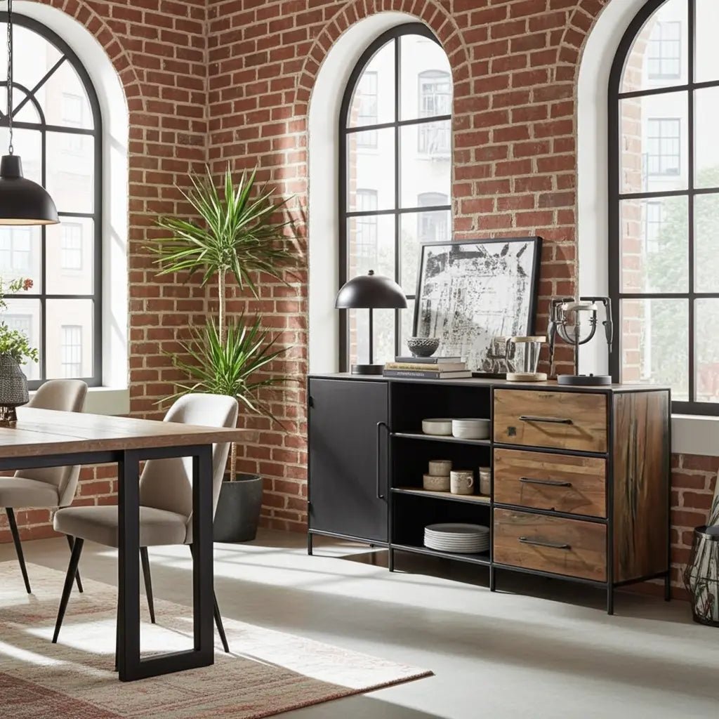 Buffet en bois recyclé avec porte en acier et 3 tiroirs