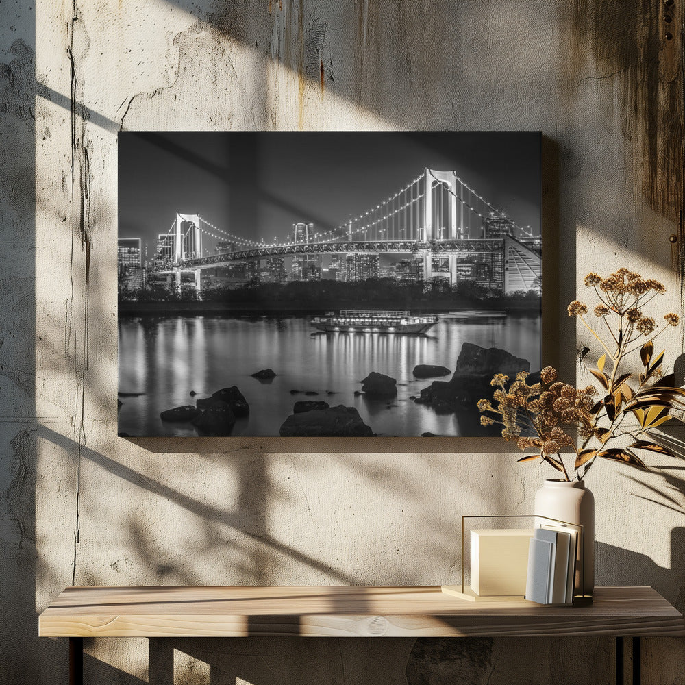 Wall art Gorgeous Rainbow Bridge with Tokyo Skyline in the evening - monochrome