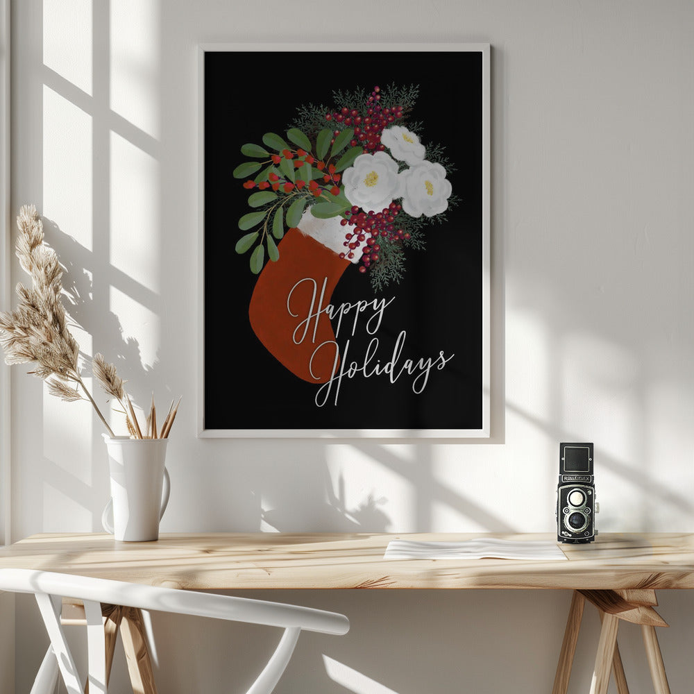 Wall art Floral Stocking Happy holidays in black Canvas Print