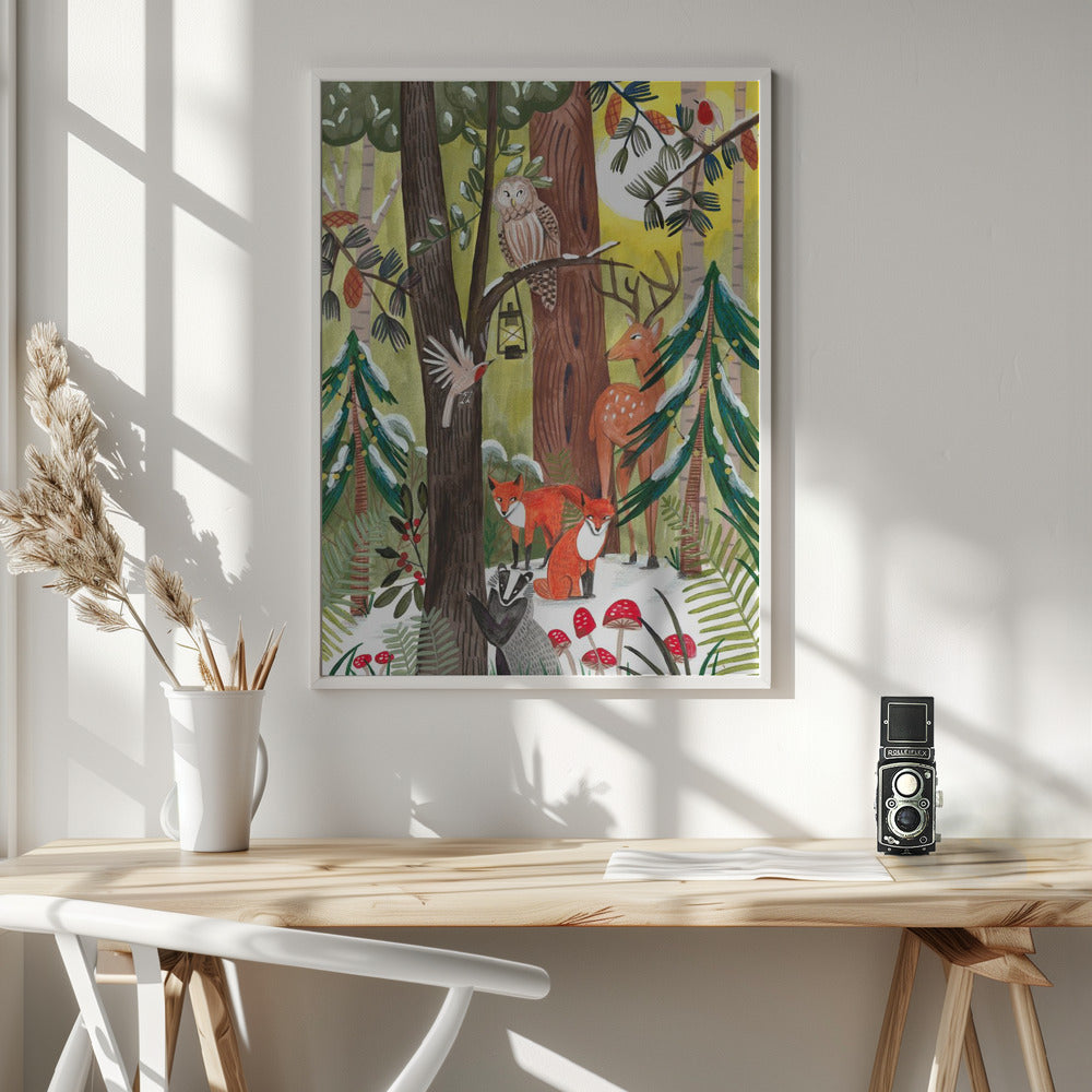 Wall art Green Christmas forest with animals Canvas Print
