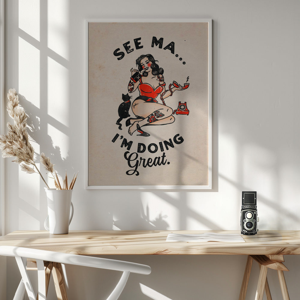 Wall art See Ma Poster Funny Vintage Pinup Girl &amp; Cat