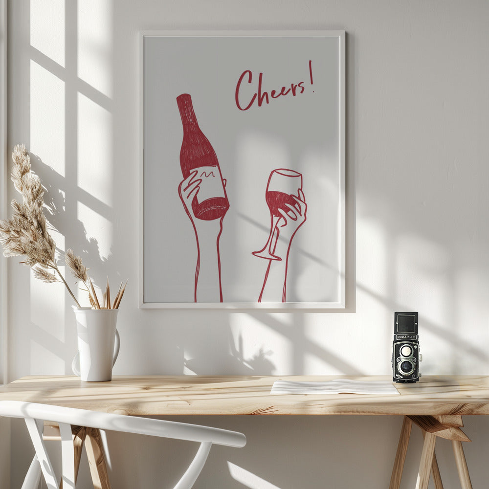 Wall art Cheers wine illustration &amp; text (black &amp; white)