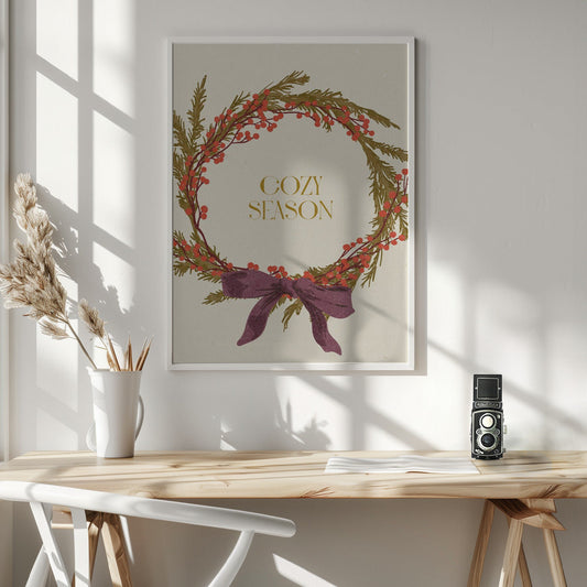 Wall art Cozy Season. Christmas wreath with bow Canvas Print