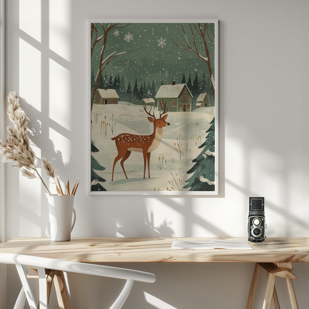 Wall art Deer Winter Holiday Green Canvas Print