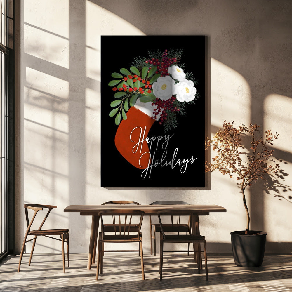Wall art Floral Stocking Happy holidays in black Canvas Print