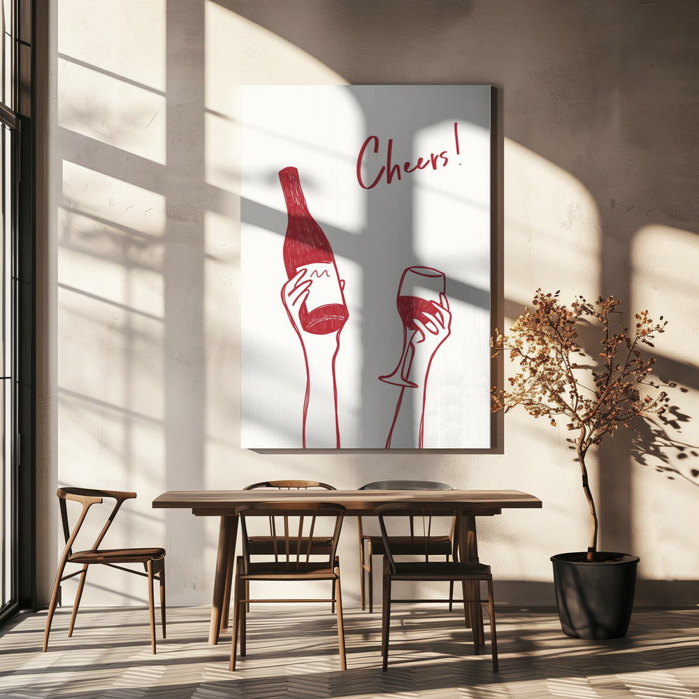 Wall art Cheers wine illustration &amp; text (black &amp; white)