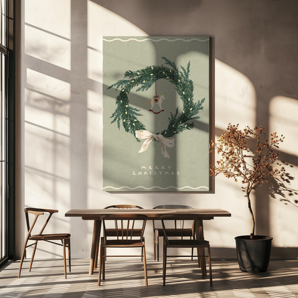 Wall art Horses Toy on Christmas wreath with bow Canvas Print