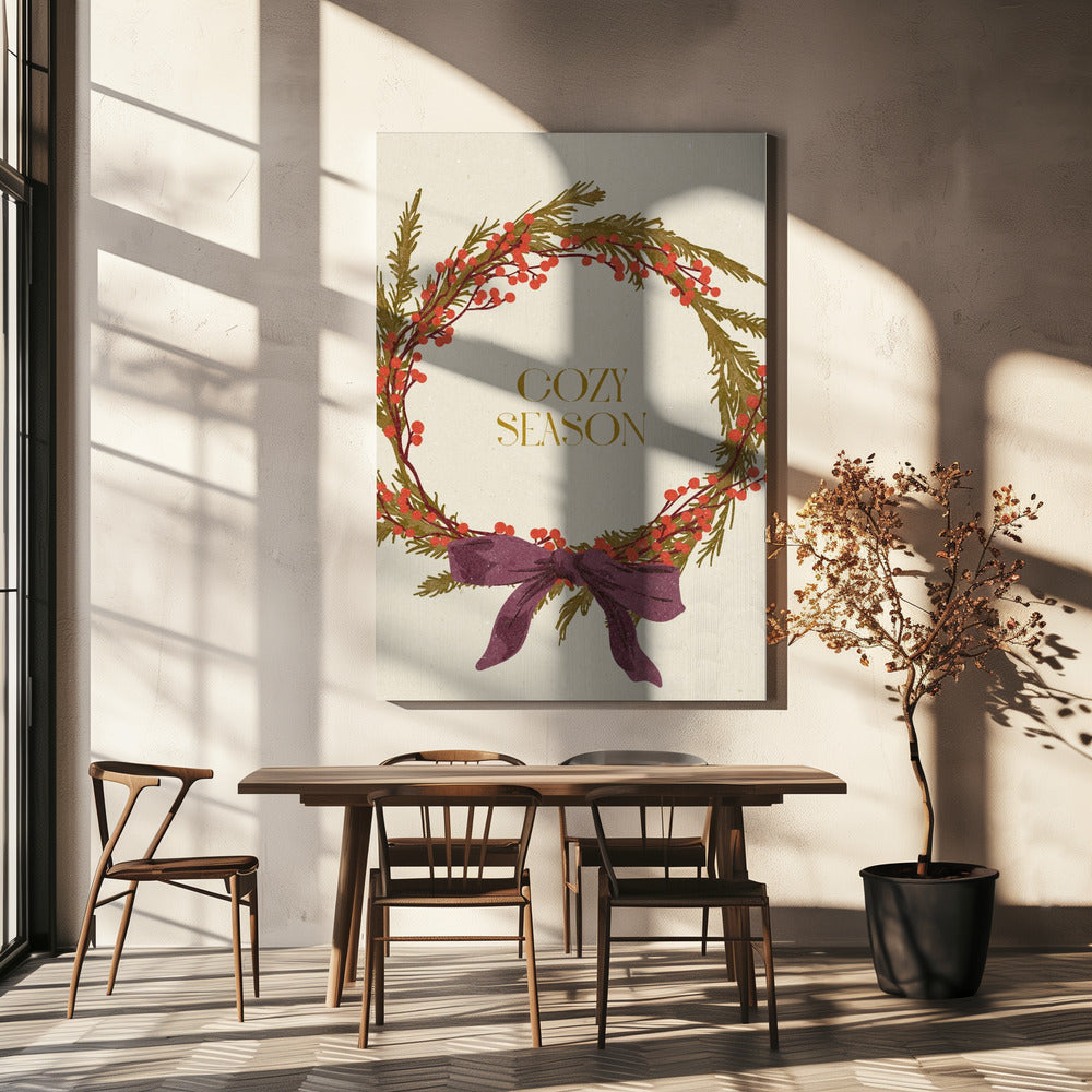 Wall art Cozy Season. Christmas wreath with bow Canvas Print