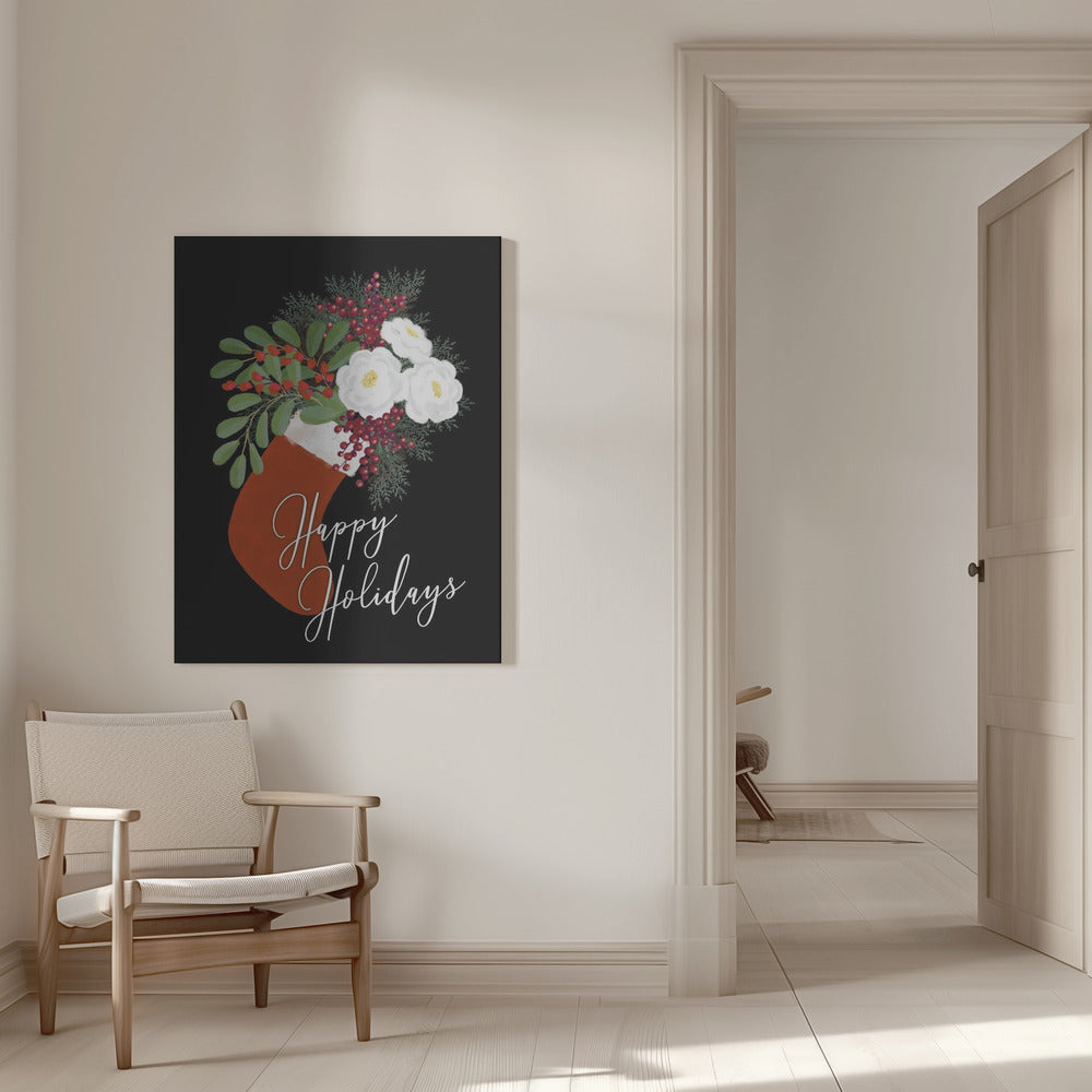 Wall art Floral Stocking Happy holidays in black Canvas Print