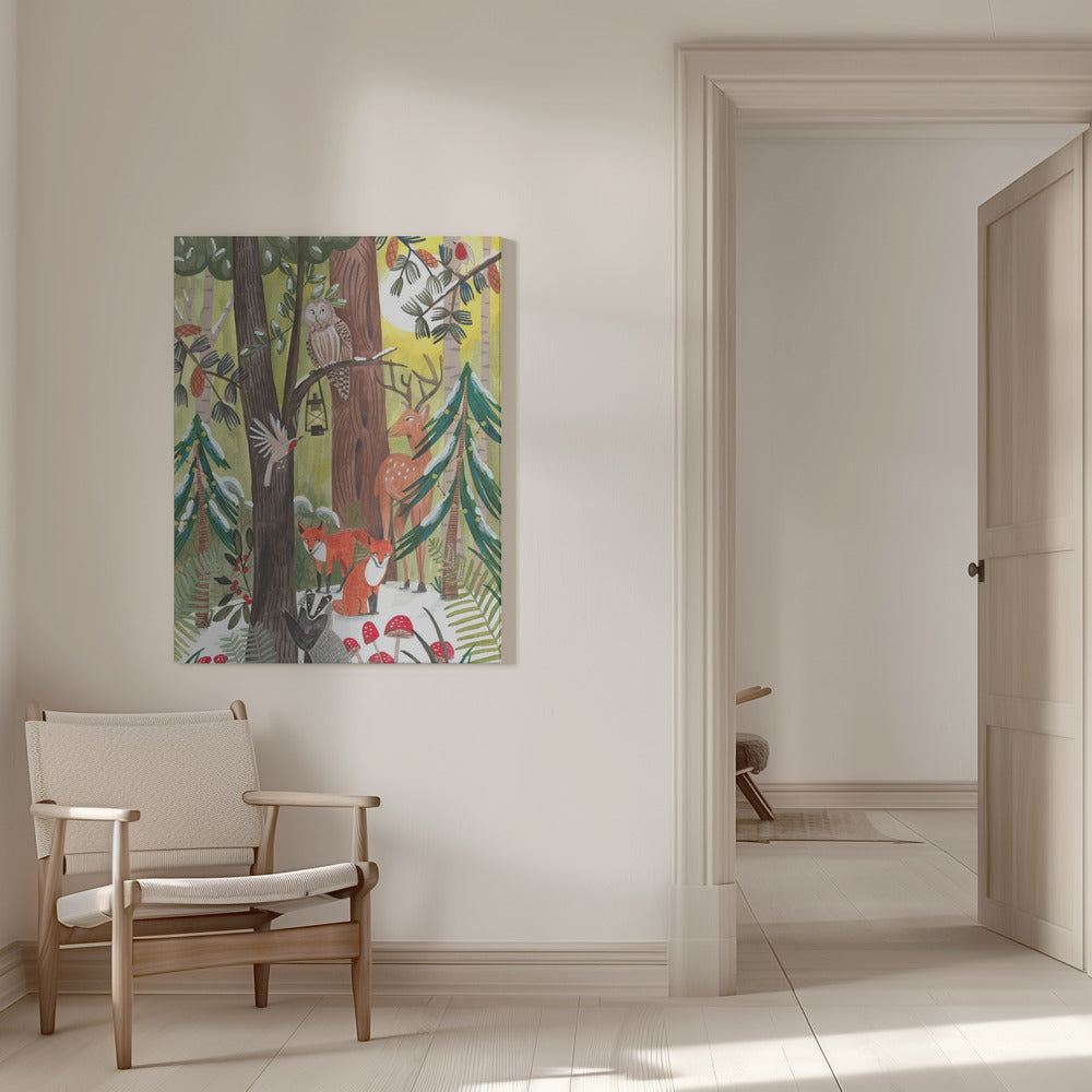 Wall art Green Christmas forest with animals Canvas Print