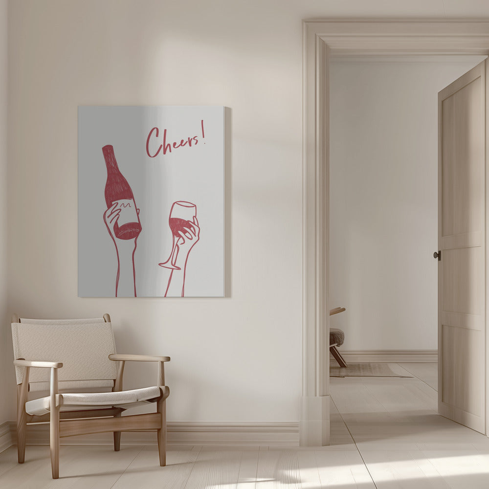 Wall art Cheers wine illustration &amp; text (black &amp; white)
