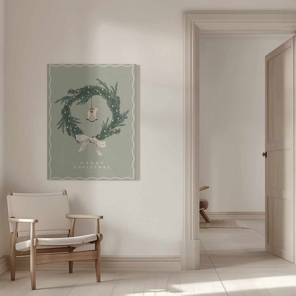 Wall art Horses Toy on Christmas wreath with bow Canvas Print