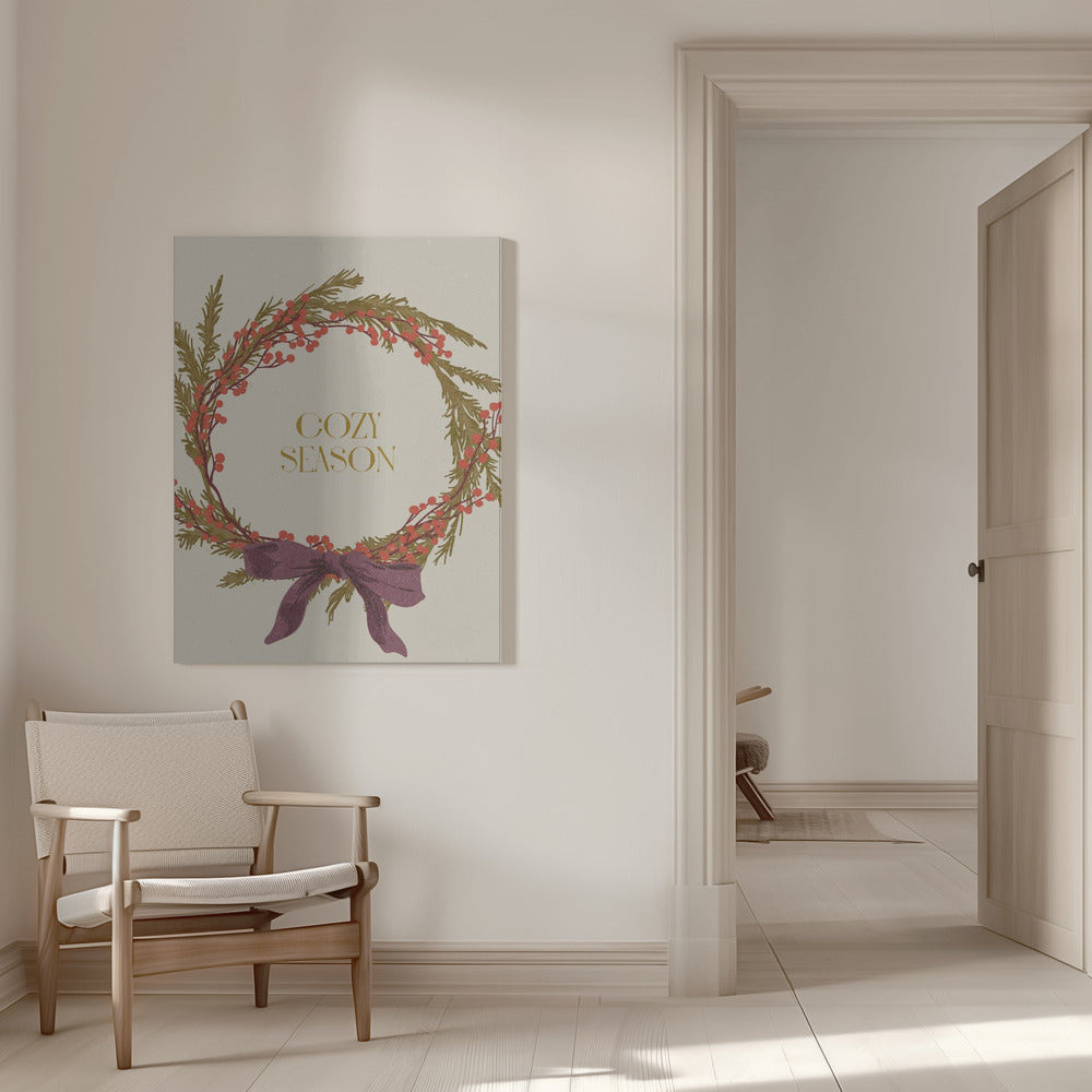 Wall art Cozy Season. Christmas wreath with bow Canvas Print
