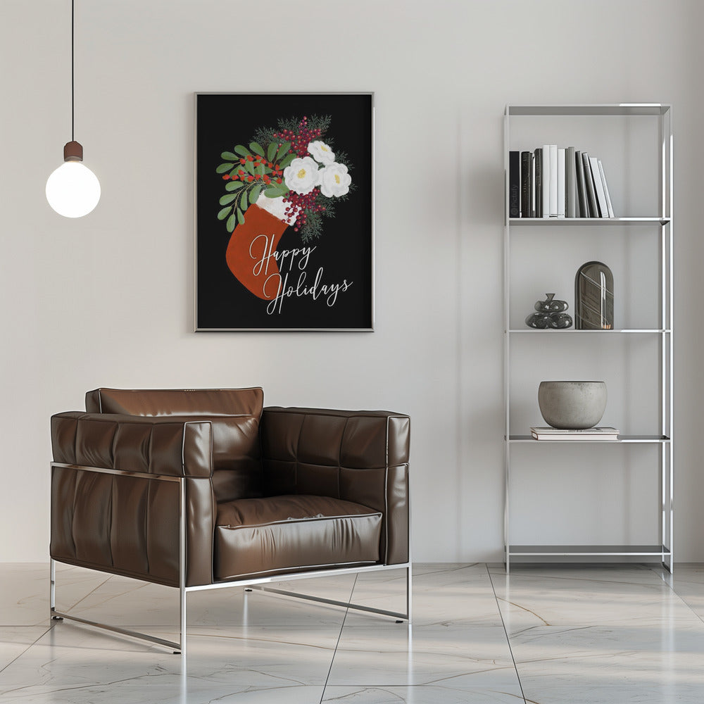 Wall art Floral Stocking Happy holidays in black Canvas Print