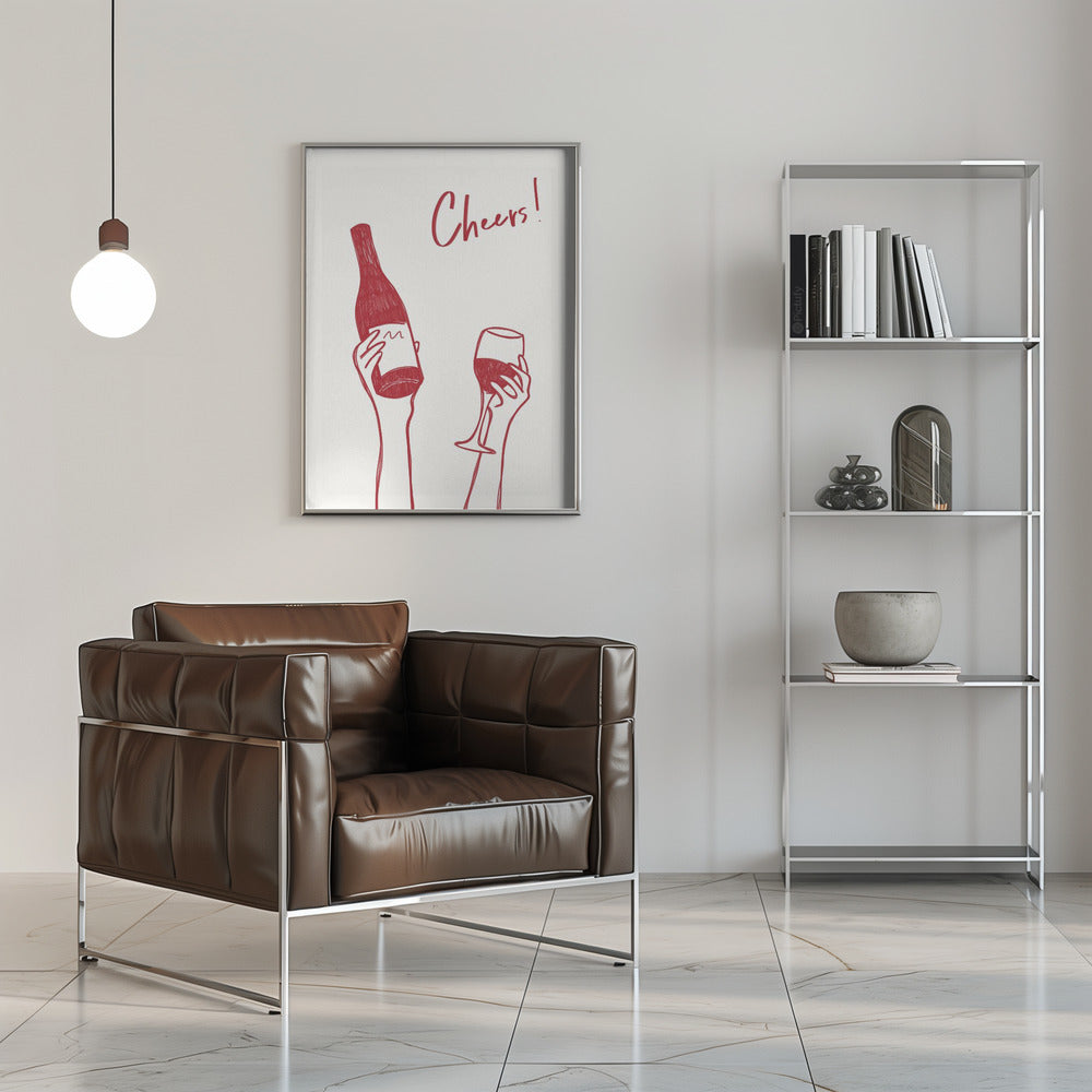 Wall art Cheers wine illustration &amp; text (black &amp; white)