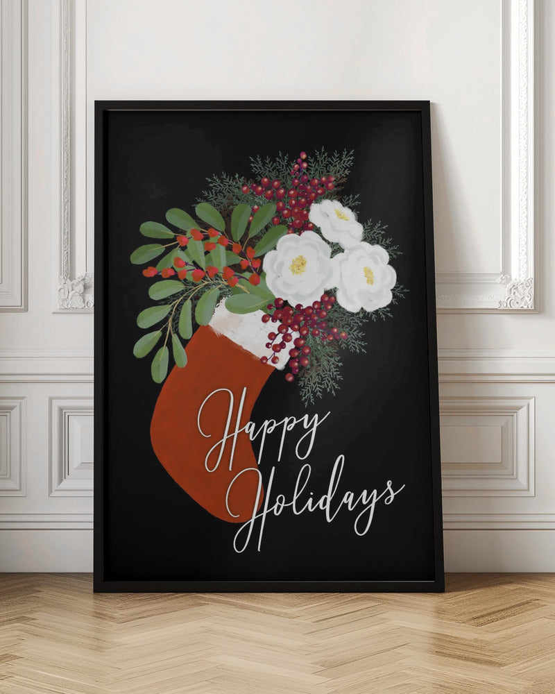 Wall art Floral Stocking Happy holidays in black Canvas Print