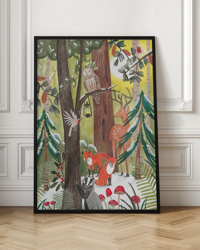Wall art Green Christmas forest with animals Canvas Print