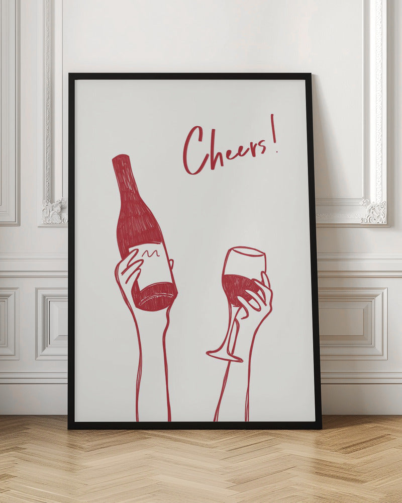 Wall art Cheers wine illustration &amp; text (black &amp; white)