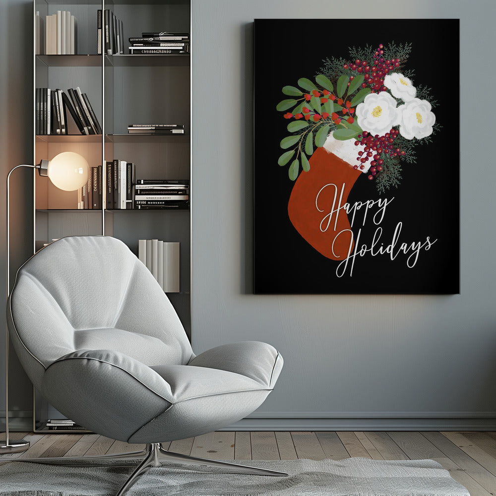 Wall art Floral Stocking Happy holidays in black Canvas Print
