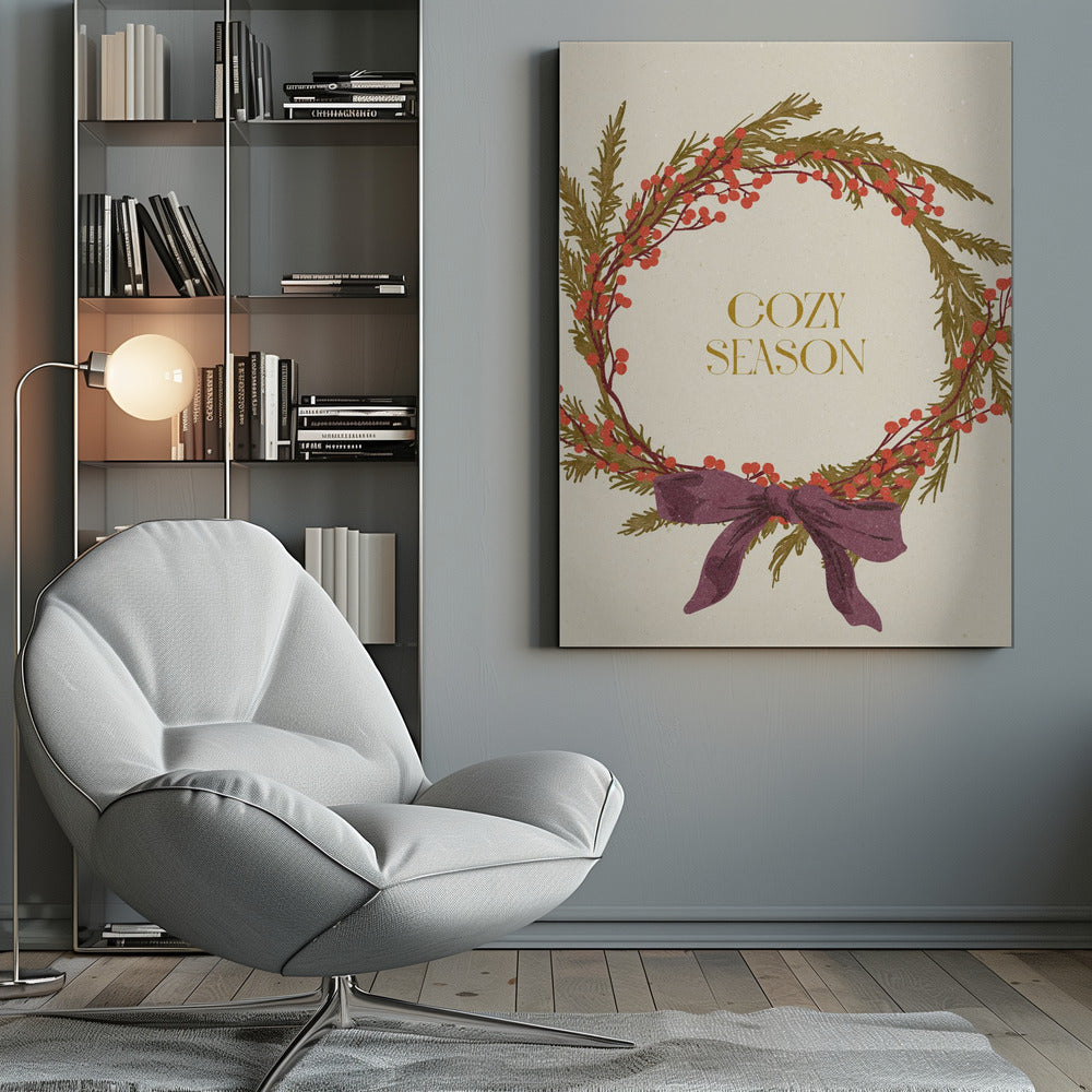 Wall art Cozy Season. Christmas wreath with bow Canvas Print