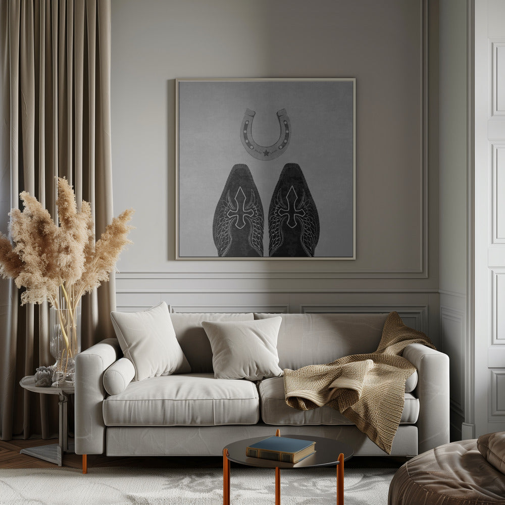 Wall Art Bw Cowboy Boots and Horseshoe