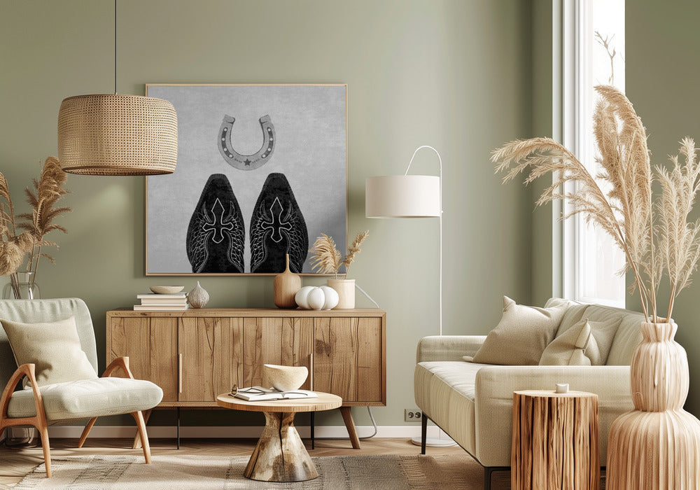 Wall Art Bw Cowboy Boots and Horseshoe