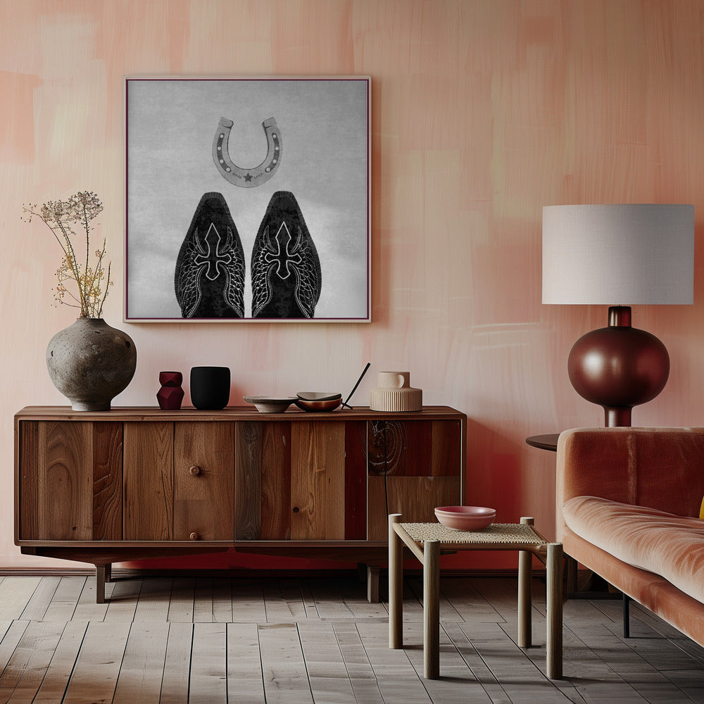 Wall Art Bw Cowboy Boots and Horseshoe