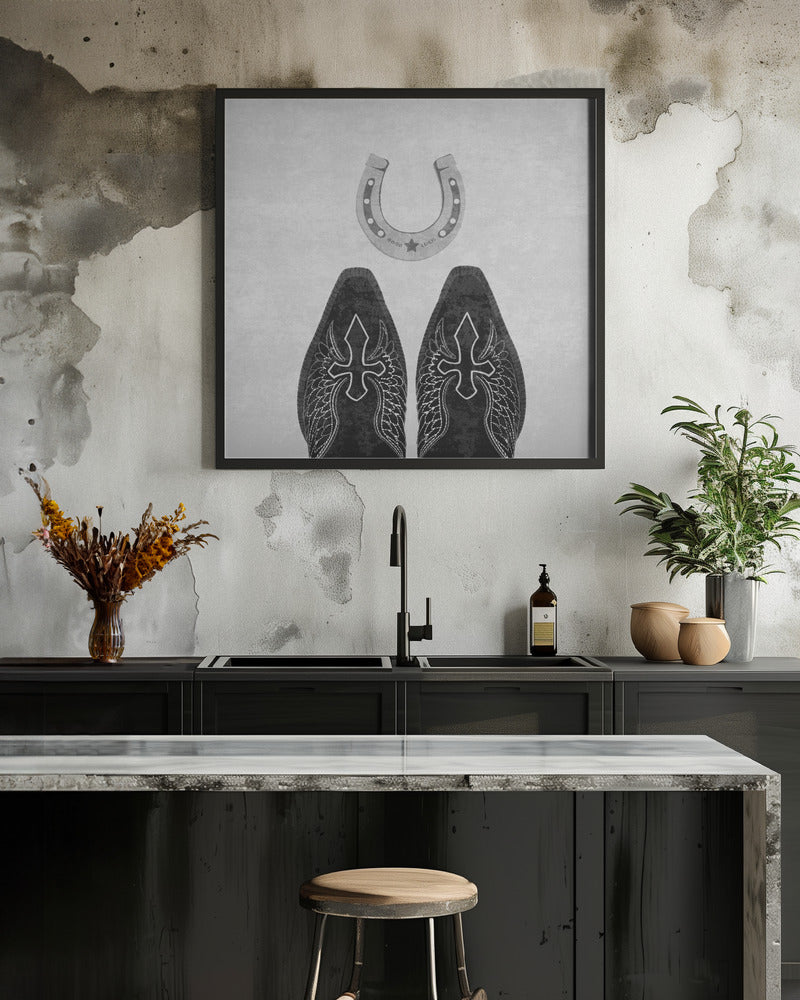 Wall Art Bw Cowboy Boots and Horseshoe