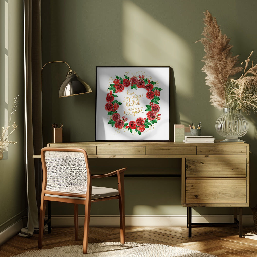 Wall art Holiday wishes wreath of red English roses